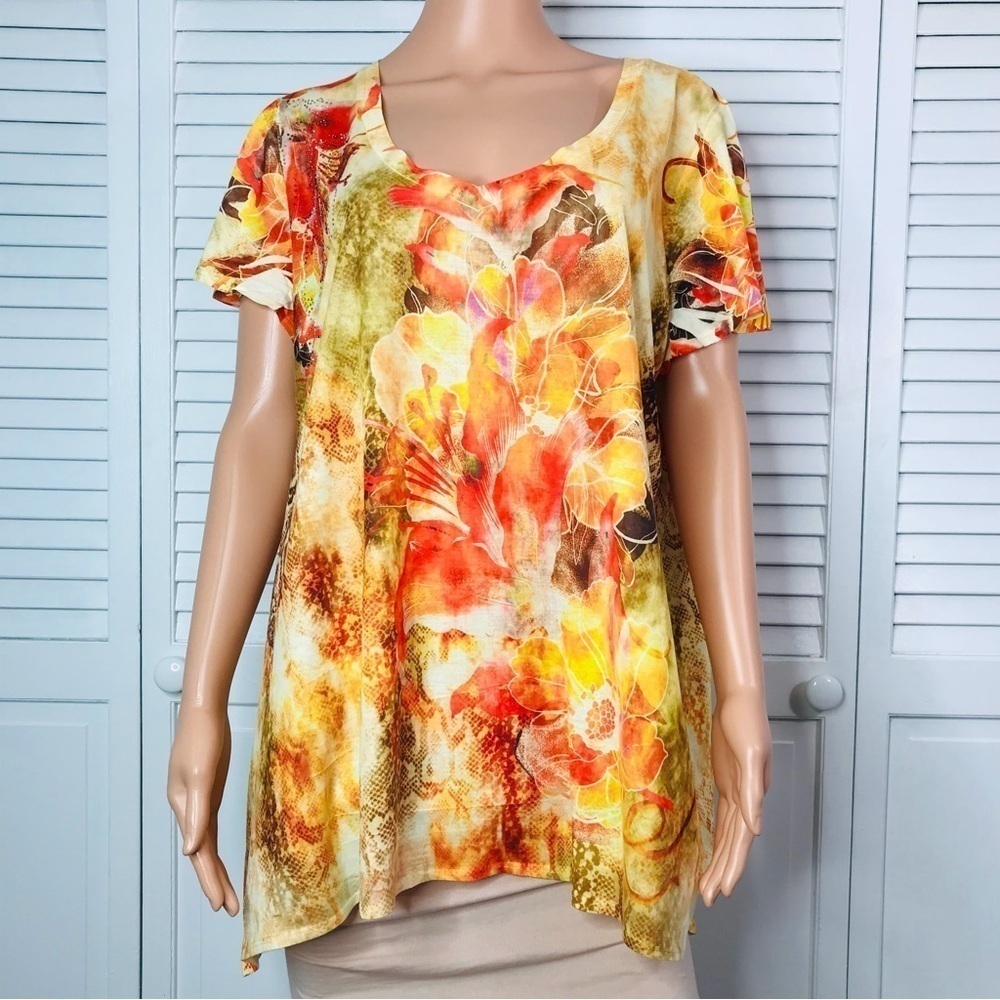 B.L.E.U Yellow Orange Short Sleeve Flower Print Short Sleeve Shirt Size 1X